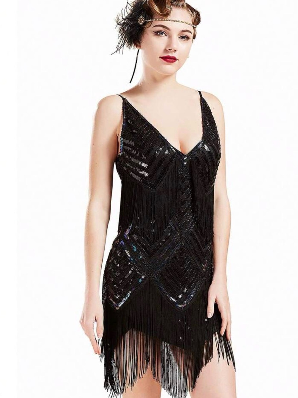 Black Sequin Fringe Slip Dress - Women